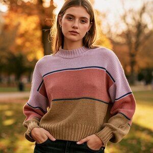 SO Women's Multi Wide Stripe Waffle Knit Pullover Crew Neck Sweater Size L